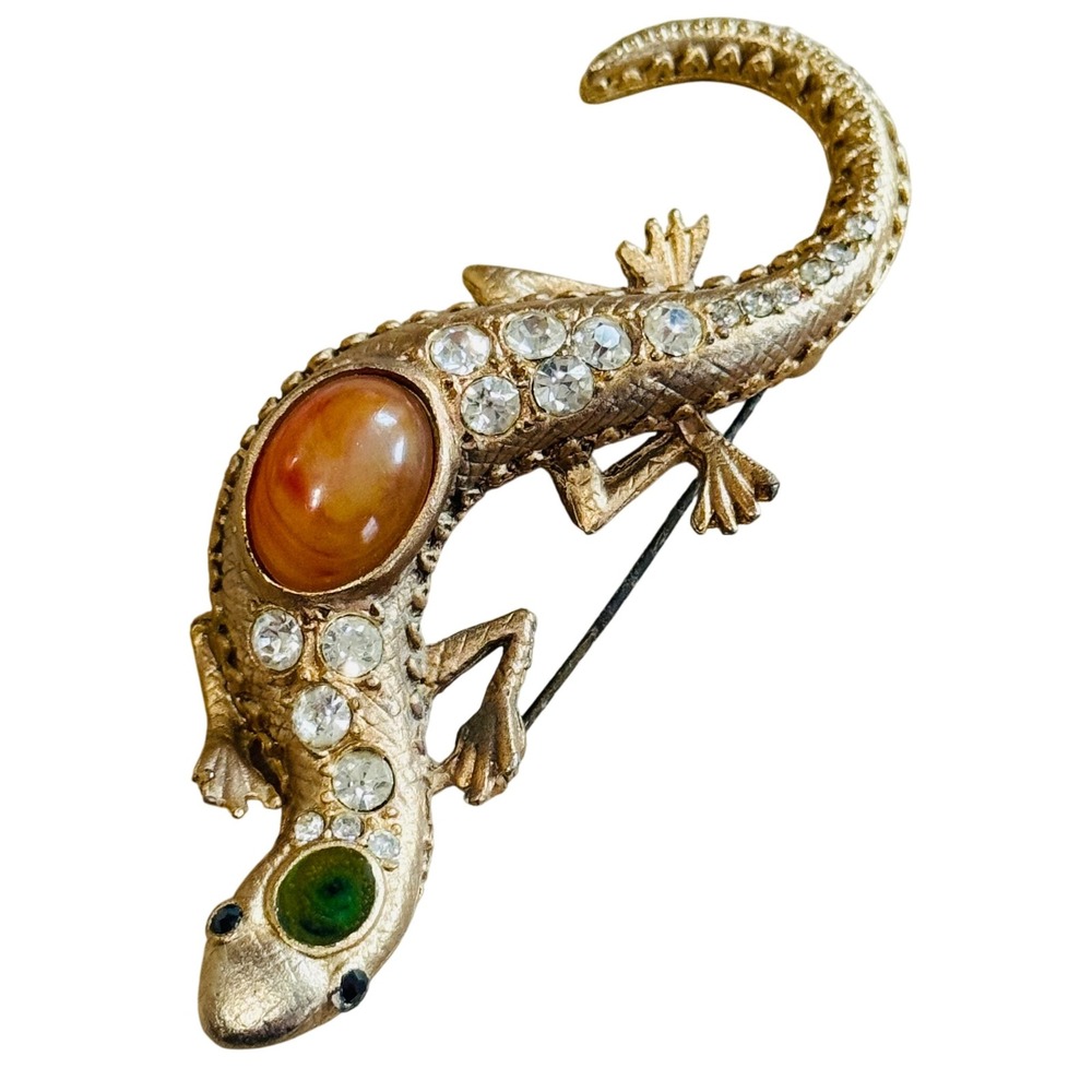 VTG Estate Large Lizard pin Brooch Jeweled Crystal rhinestone gold tone rare